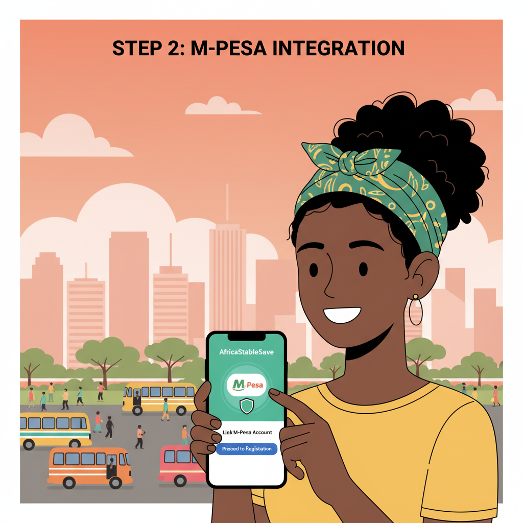 Kenyan smartphone user registering on AfricaStableSave app, M-Pesa integration screen, vibrant Nairobi backdrop, realistic style