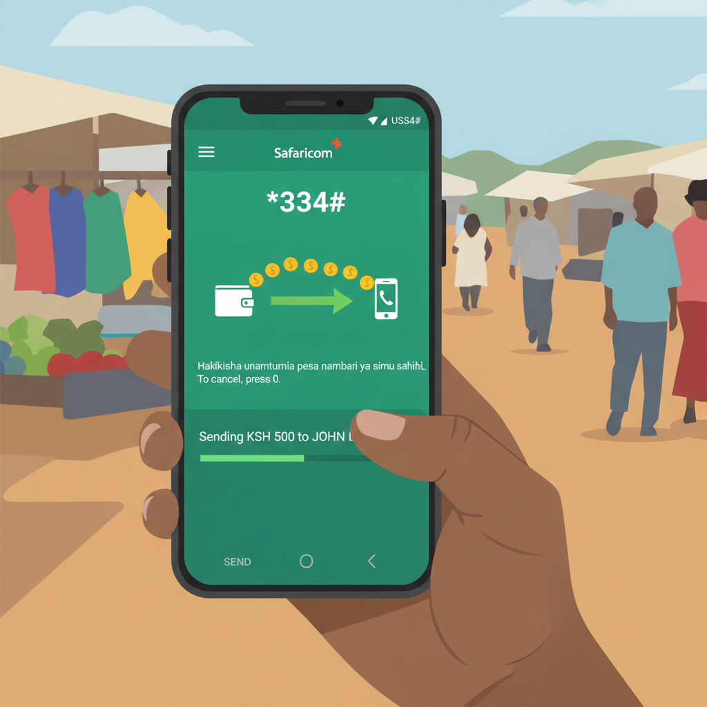 M-Pesa deposit screen on phone, Kenyan user dialing *334#, money transfer animation, simple realistic illustration