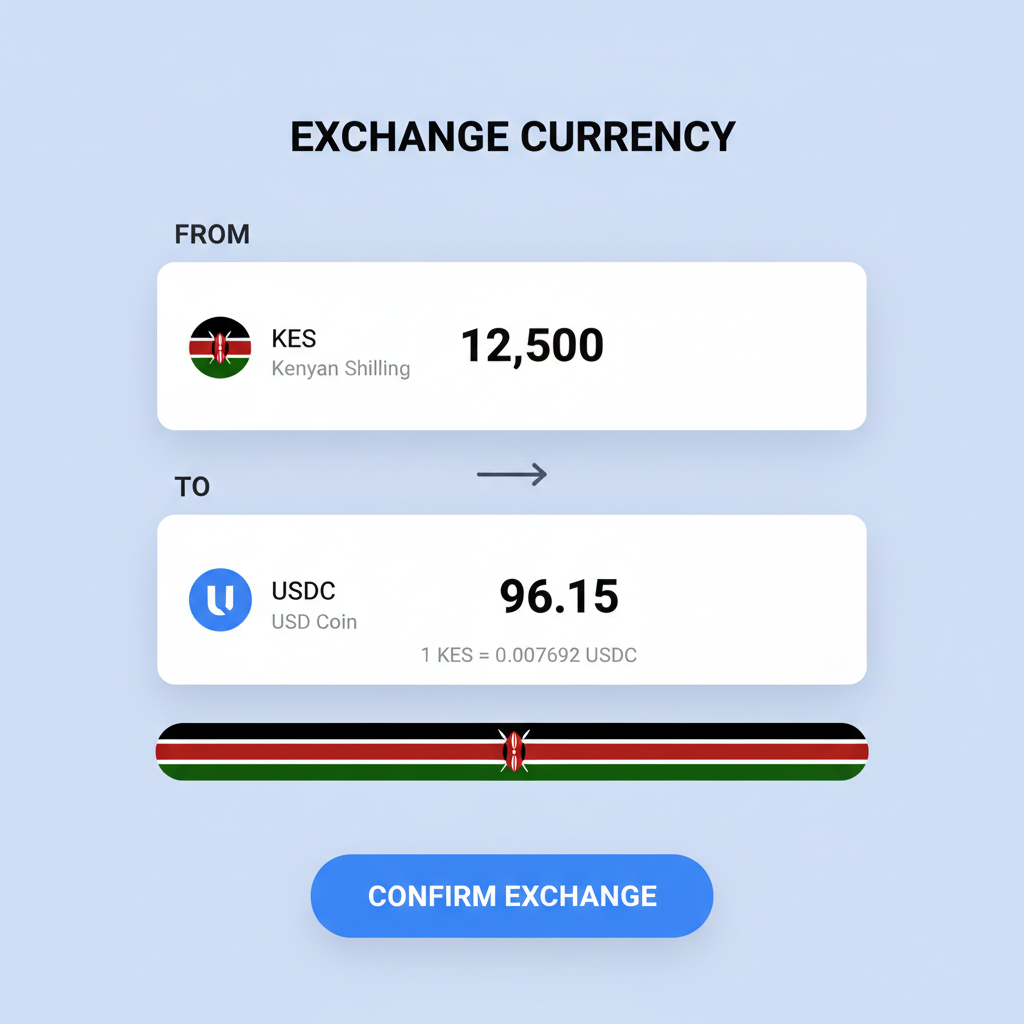 Currency conversion interface KES to USDC on mobile app, exchange rate display, Kenyan flag elements, clean UI screenshot style