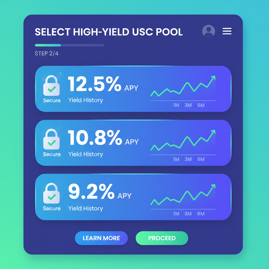 High-yield USDC savings pool selection screen, yield percentage graphs, secure lock icons, futuristic fintech design