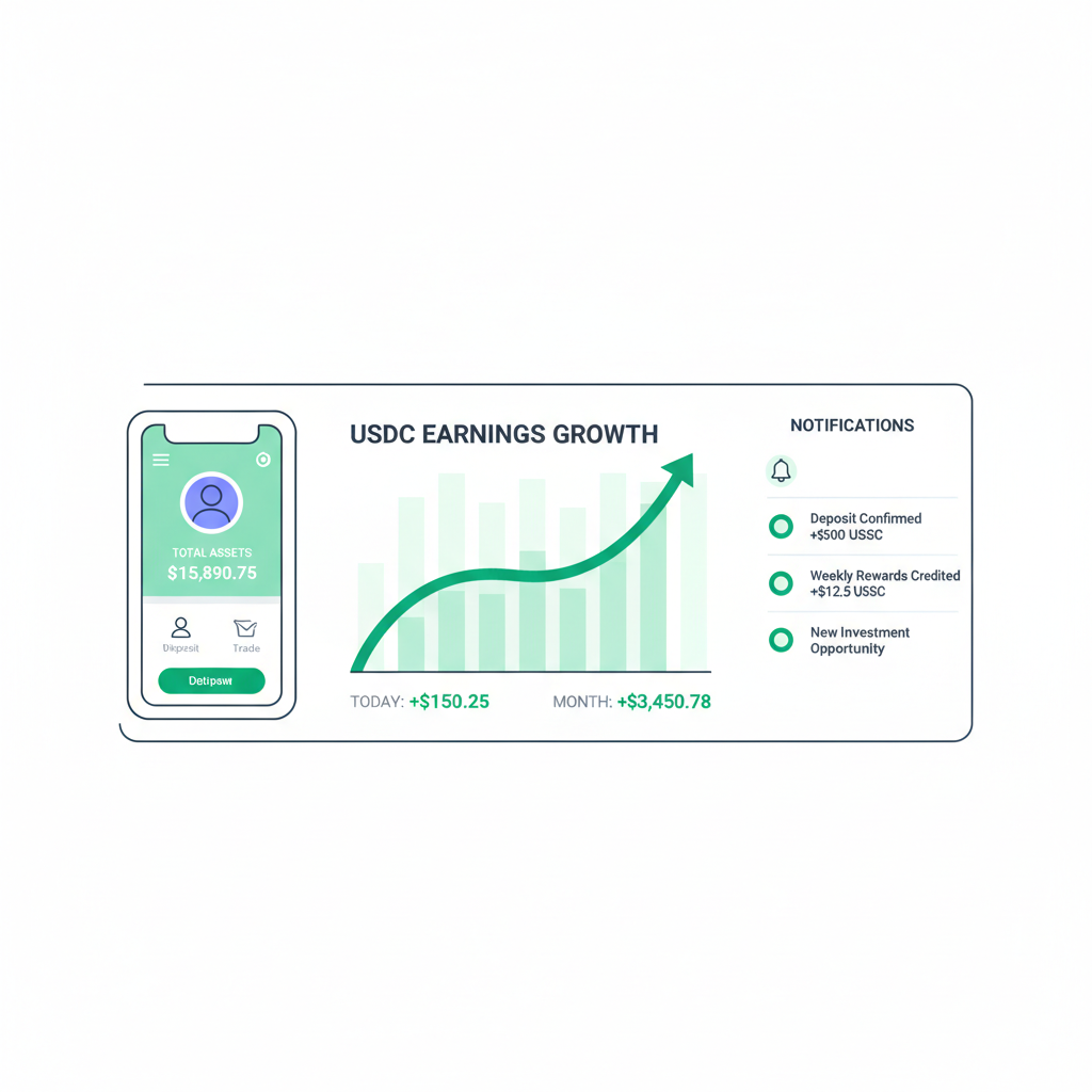 Dashboard showing USDC earnings growth chart, notifications, mobile app interface, green upward trends, realistic