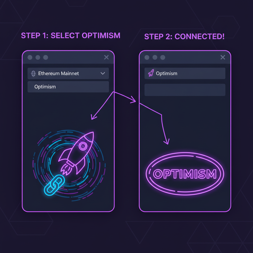 MetaMask interface switching to Optimism network, rocket launching chain, vibrant purple neon glow
