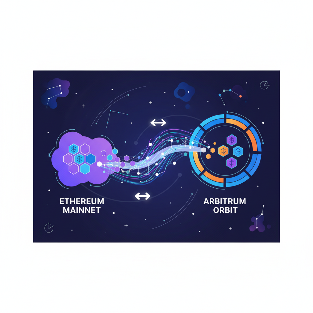 ETH tokens bridging across glowing bridge to Arbitrum orbit, dynamic energy flow, space cyber aesthetic