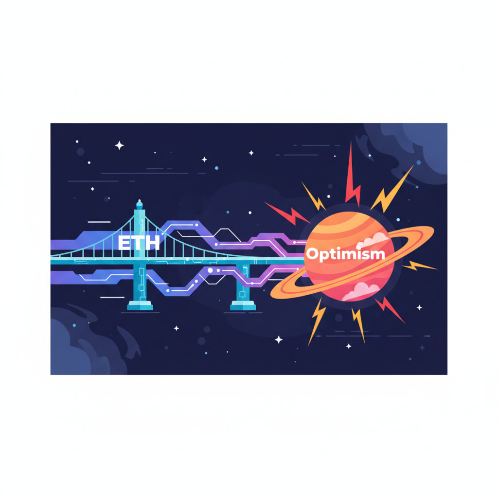 ETH flowing like lightning over bridge to Optimism planet, explosive speed lines, high-tech explosion