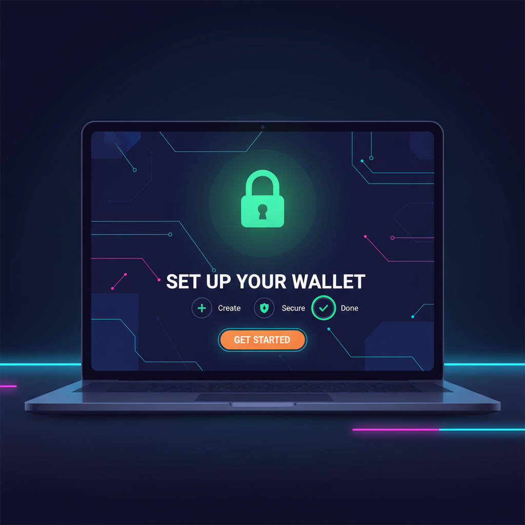 sleek MetaMask wallet setup screen on laptop, glowing green secure lock icon, cyberpunk neon style
