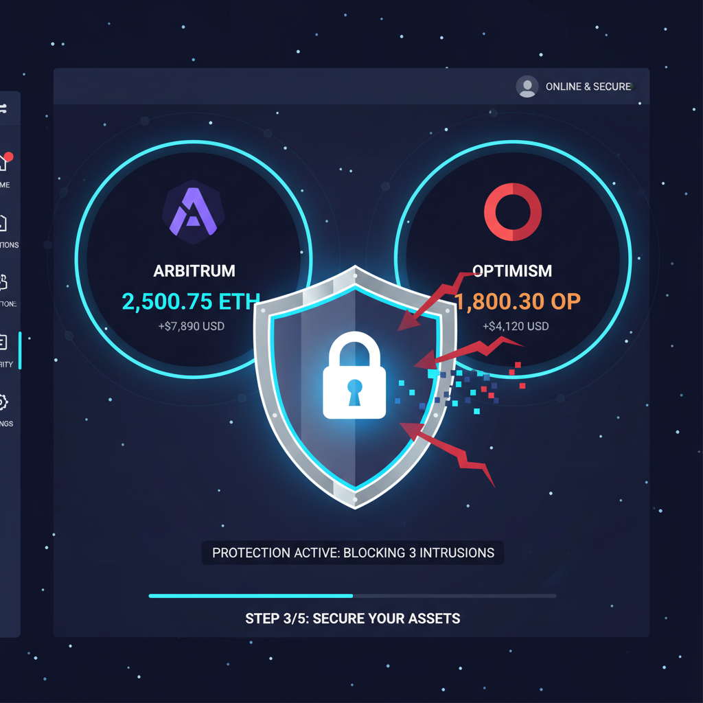 secure wallet dashboard showing Arbitrum Optimism balances, shield icon blocking attacks, dark heroic mode
