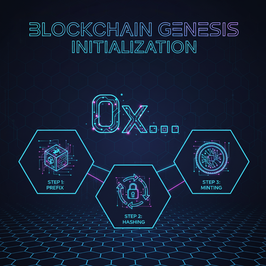 futuristic blockchain genesis prefix initialization, neon hex grid glowing blue, cyberpunk style
