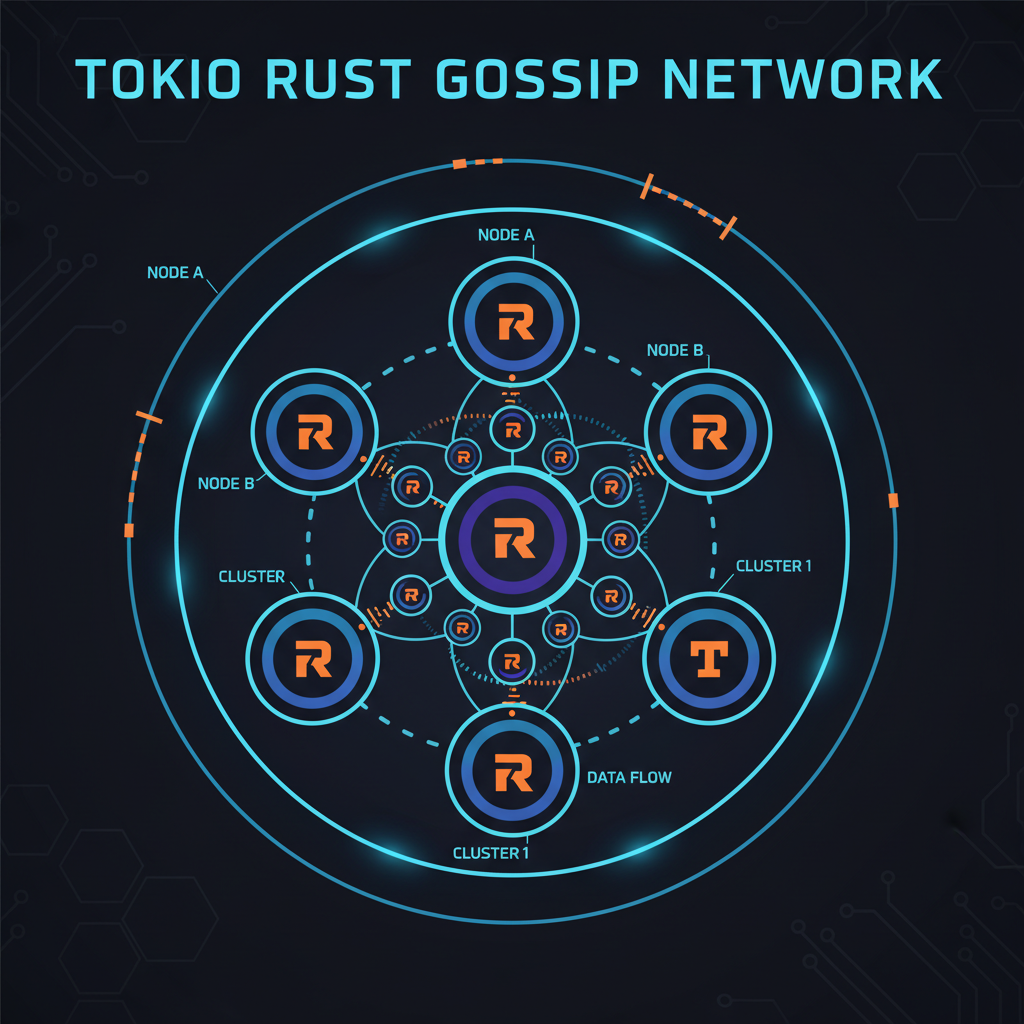 tokio rust gossip network diagram, interconnected nodes pulsing data, dark tech aesthetic