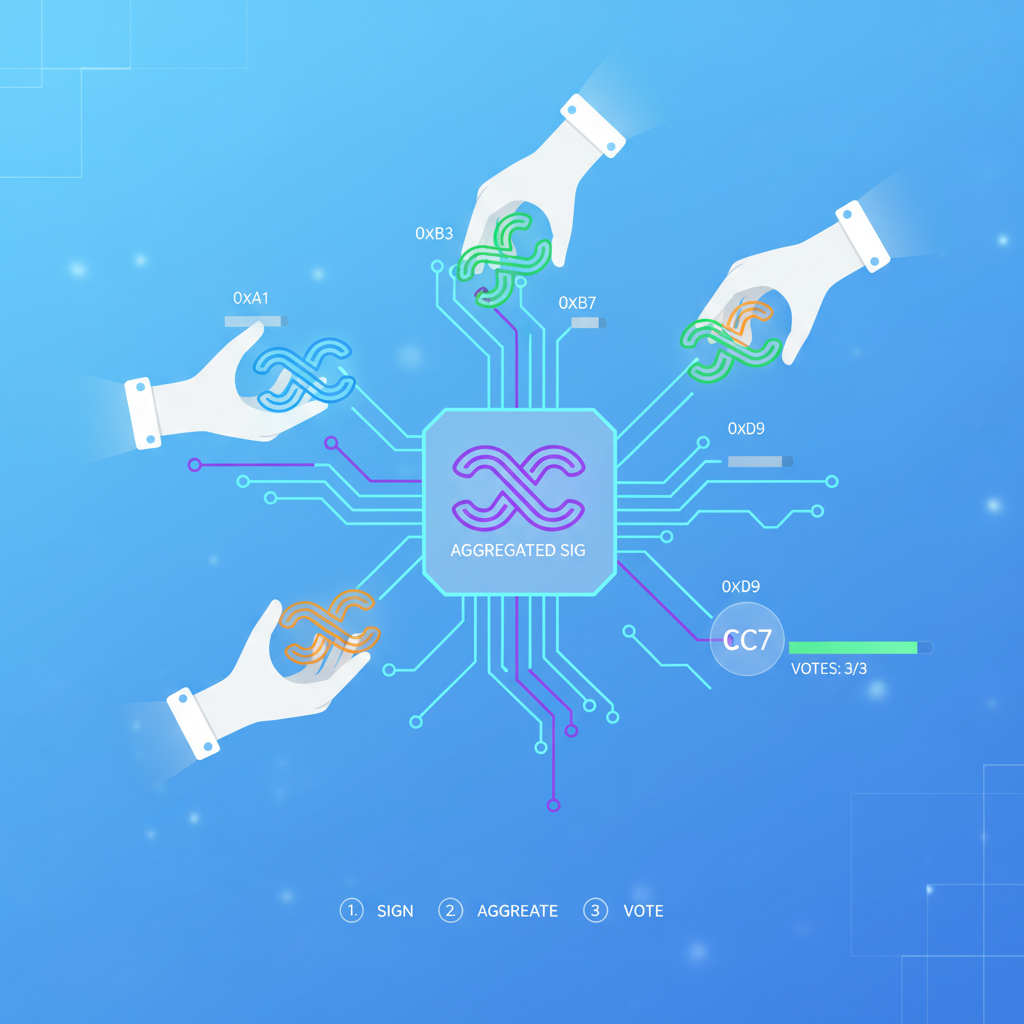 threshold signature voting on blockchain prefixes, cryptographic sigs aggregating, sci-fi circuit board