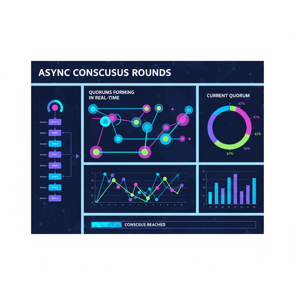 async consensus rounds dashboard, quorums forming in real-time graphs, dynamic neon charts