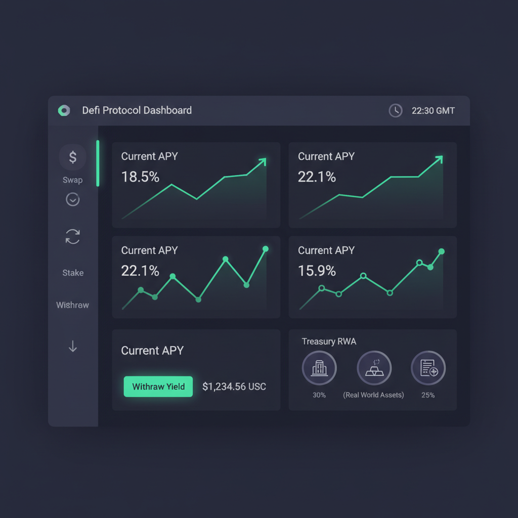 sleek DeFi dashboard showing rising APY charts, yield withdrawals, Treasury RWA icons, dark mode futuristic