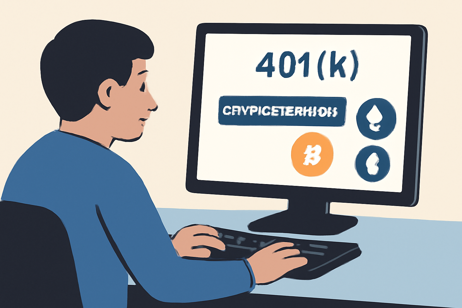 A person checking their 401(k) account online, looking for cryptocurrency options, with a computer screen showing Bitcoin and Ethereum logos.
