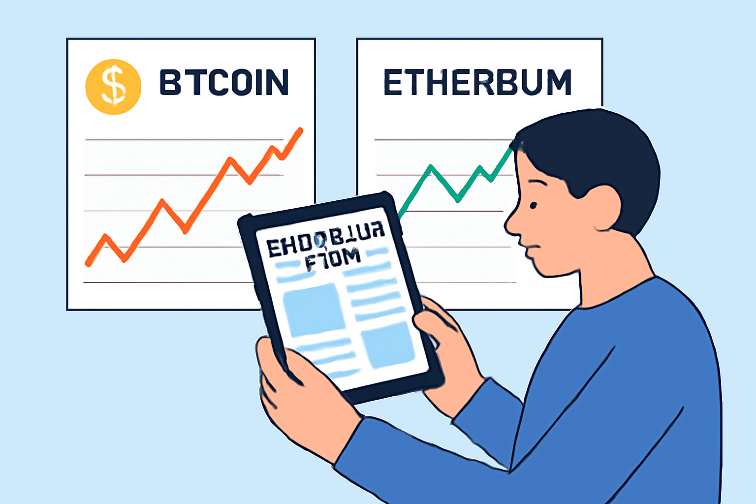 A person reading financial news on a tablet, with Bitcoin and Ethereum price charts in the background.