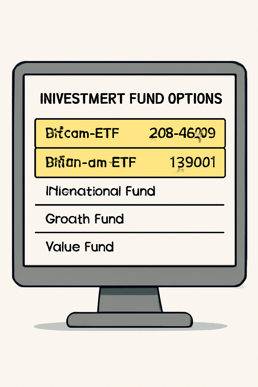 A list of investment fund options on a computer screen, highlighting Bitcoin and Ethereum ETFs with their current prices.
