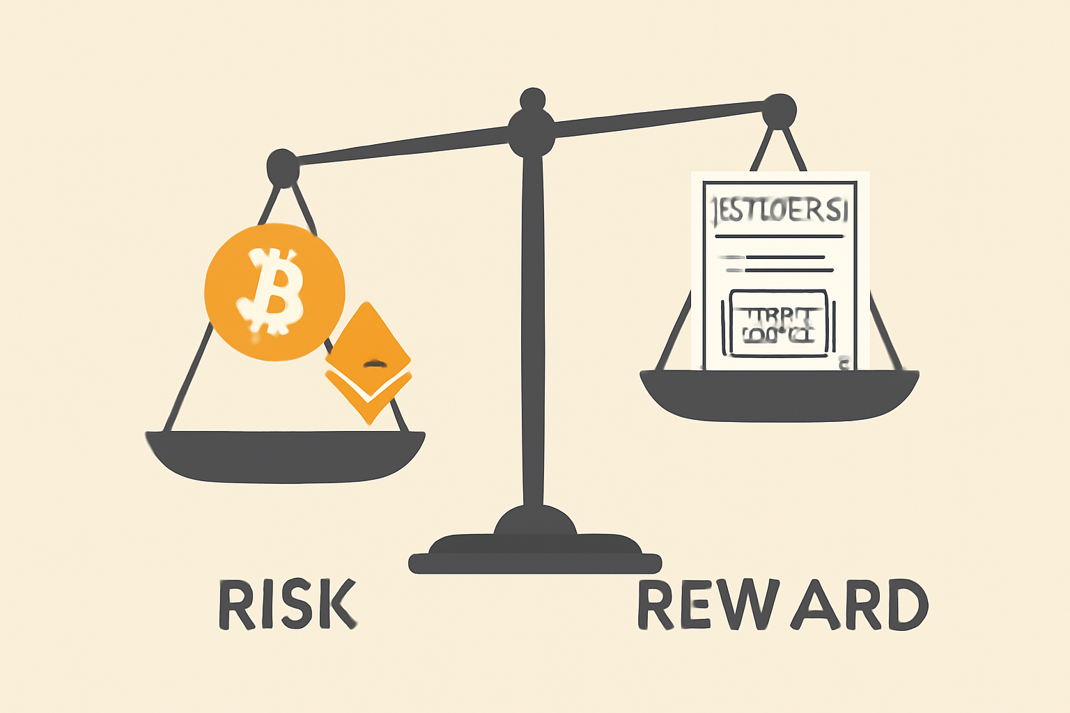 A balanced scale with Bitcoin and Ethereum on one side and traditional stocks/bonds on the other, illustrating risk and reward.