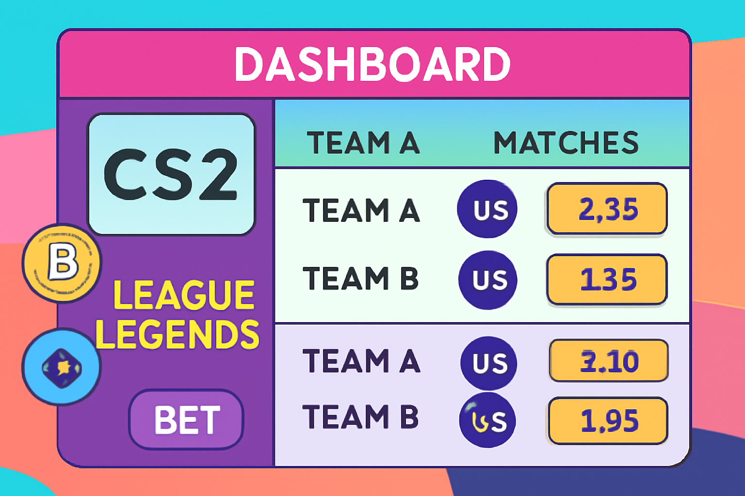 A vibrant dashboard displaying CS2 and League of Legends matches, with betting odds and crypto icons.
