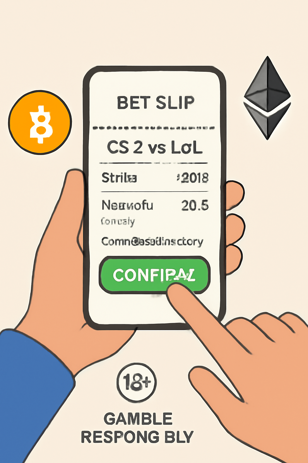 A user confirming a bet slip for a CS2 or LoL match, with Bitcoin and Ethereum symbols and responsible gambling reminders.