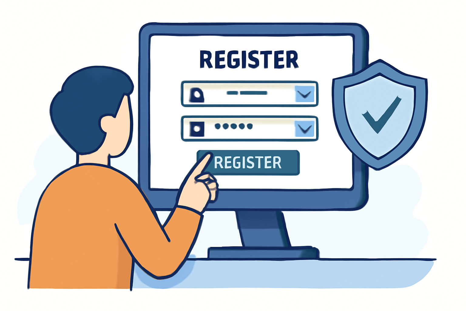 A user entering registration details on a computer screen, with a shield icon representing security and verification checkmarks.