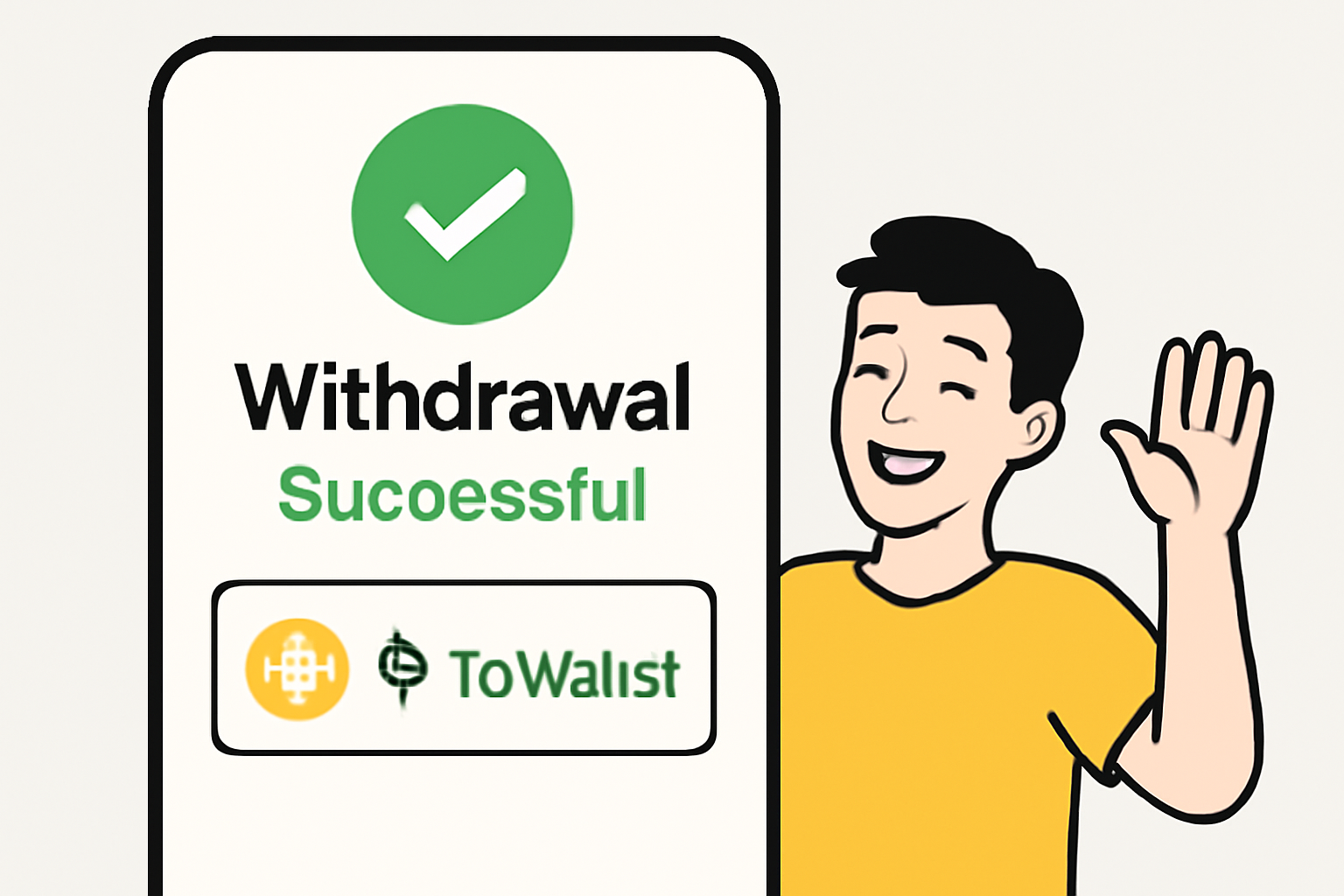 A digital withdrawal screen showing a successful transfer of Bitcoin or Ethereum to a user’s wallet, with a checkmark and happy user.