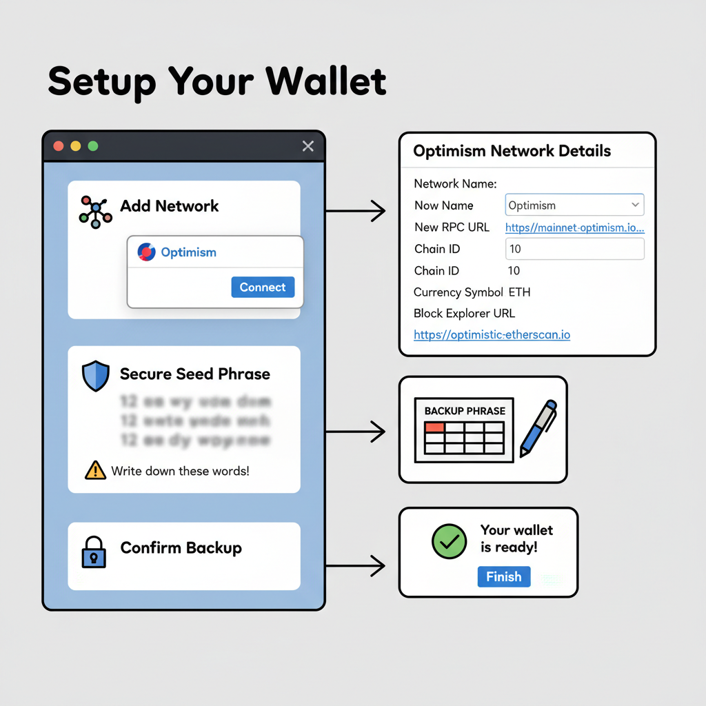 MetaMask wallet setup screen adding Optimism network, secure seed phrase backup, clean UI, technical diagram