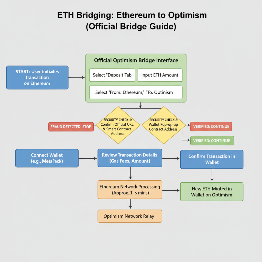 ETH bridging from Ethereum to Optimism via official bridge interface, flowchart with security checks