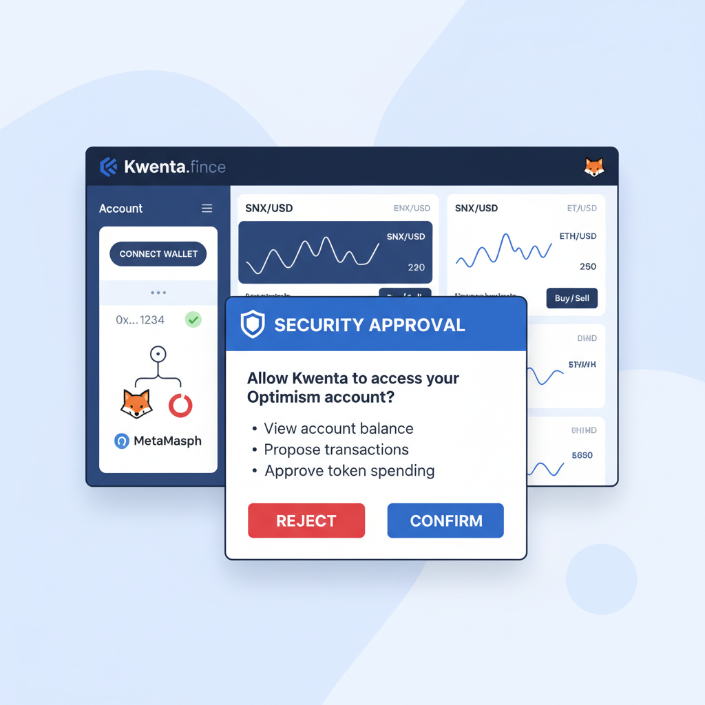 Kwenta exchange dashboard connecting MetaMask wallet on Optimism, clean DeFi UI, security popup