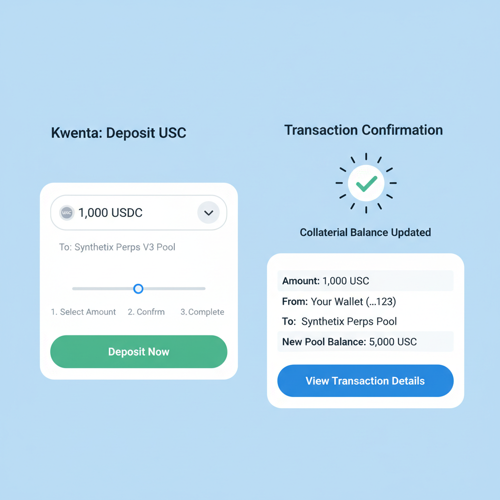 Kwenta deposit USDC to Synthetix Perps V3 pool interface, collateral balance update, confirmation screen