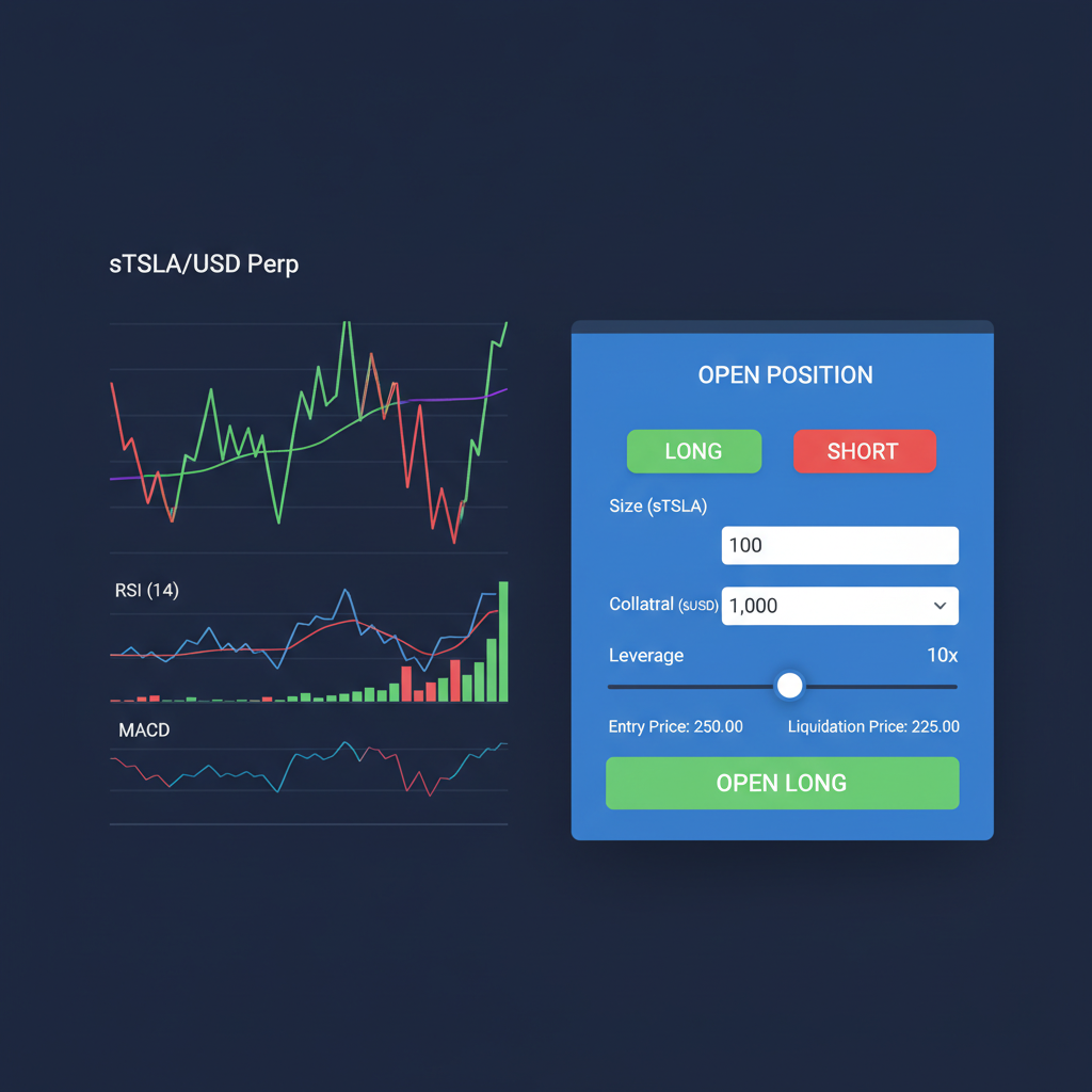 Kwenta sTSLA perp trading chart, opening long position order form, leverage slider, technical indicators