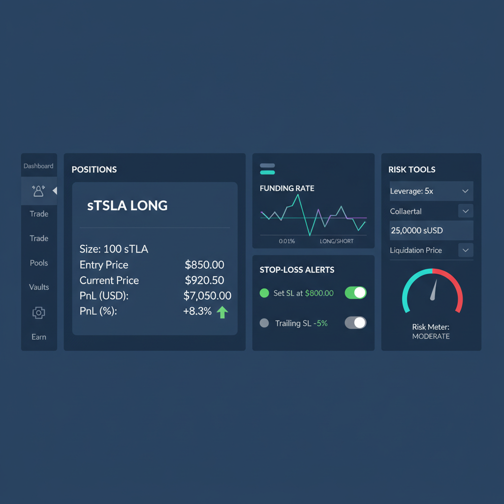 Kwenta position monitoring dashboard sTSLA long, funding rate graph, stop-loss alerts, risk tools UI