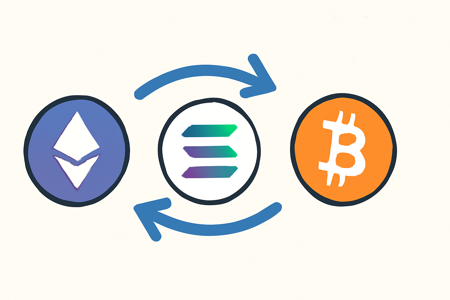 arrows flying between blockchain icons ethereum solana bitcoin, transaction executing fluidly