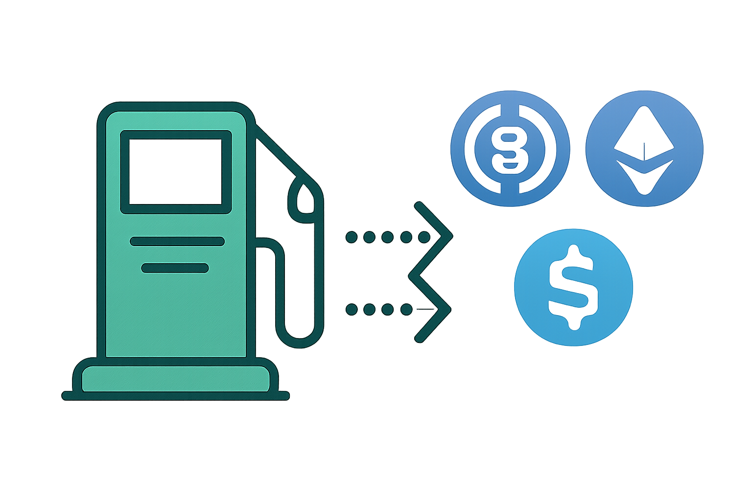 gas pump icon fueled by various tokens USDC ETH, no chains visible, effortless flow