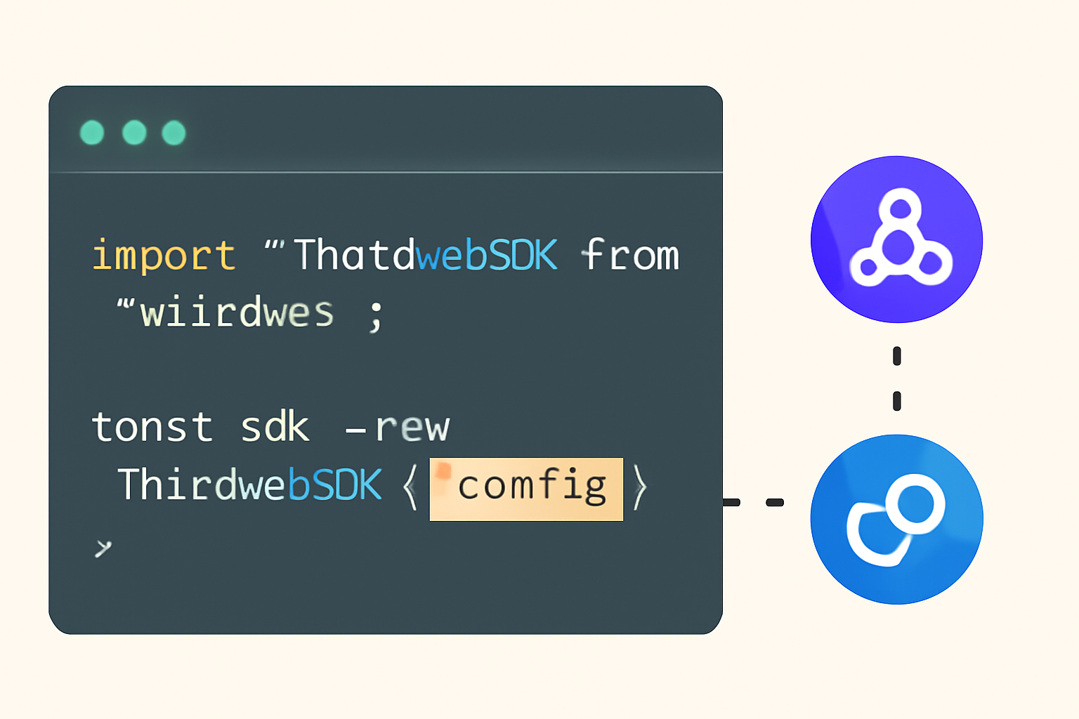 code snippet initializing SDK in IDE, config object highlighted, multichain logos connecting