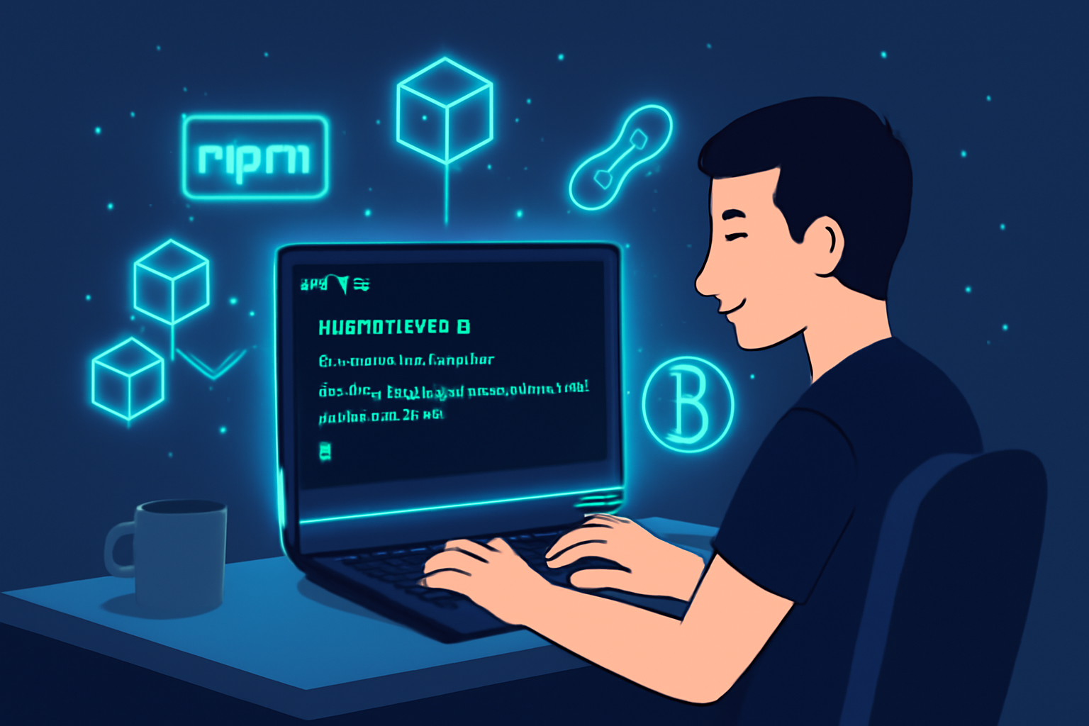 developer at desk installing npm package in terminal, code glowing, futuristic blockchain icons