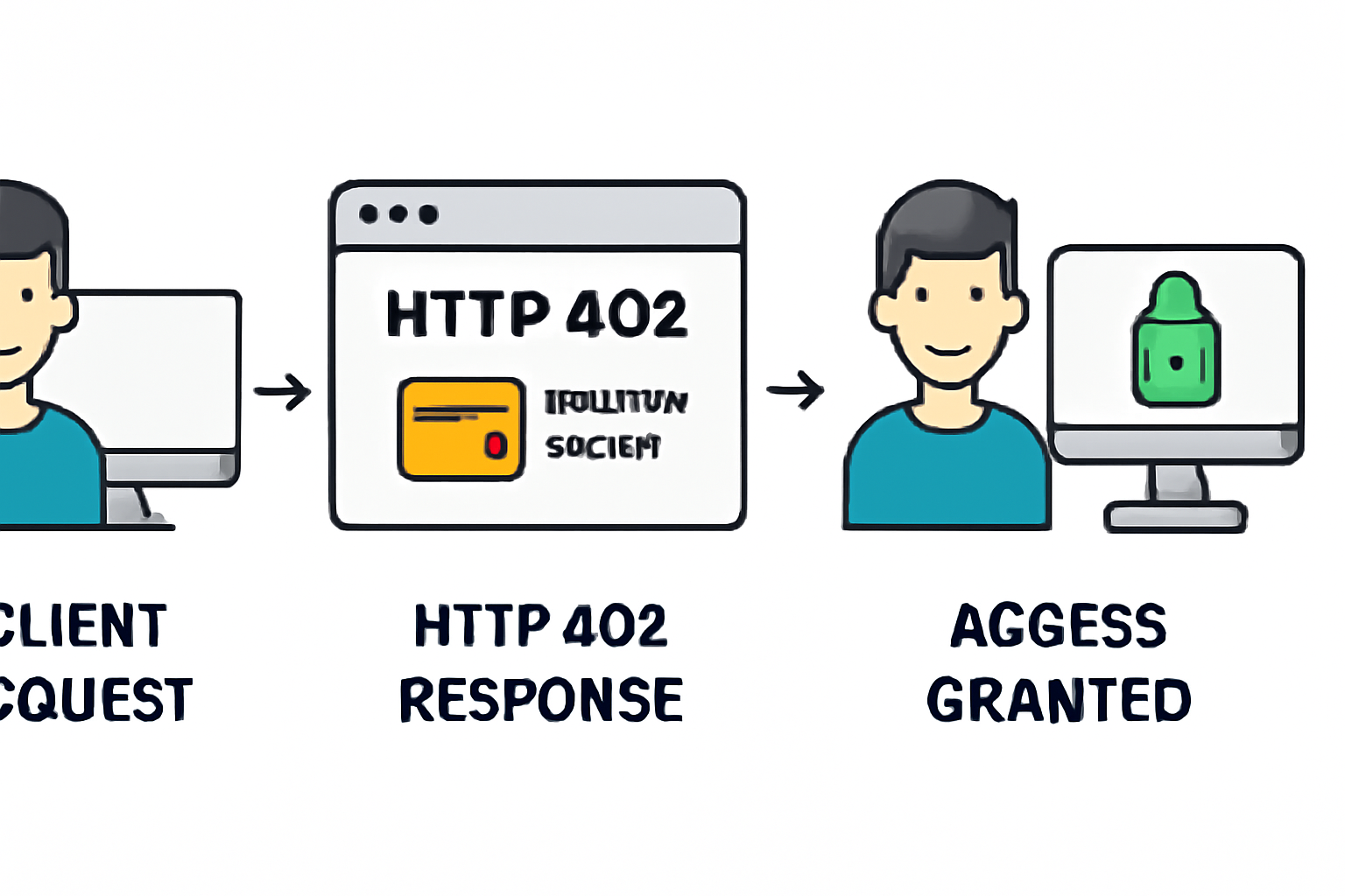Diagram showing a client request, HTTP 402 response with payment details, and access granted after payment confirmation.