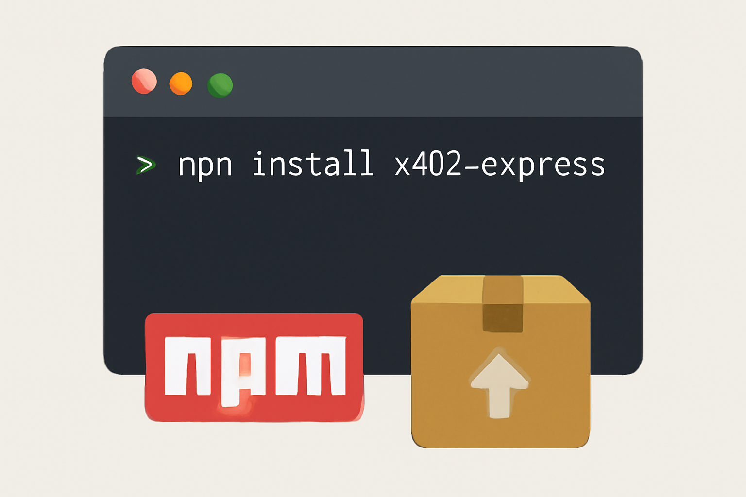 Terminal window showing 'npm install x402-express' command being executed, with code and package icons.