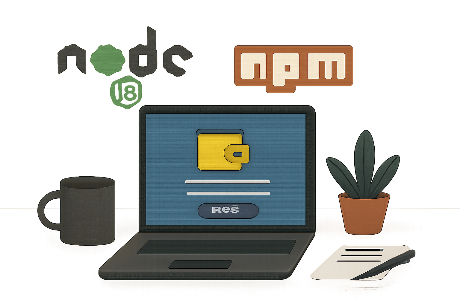 A developer's workspace with Node.js and npm logos, and a digital crypto wallet on a laptop screen.