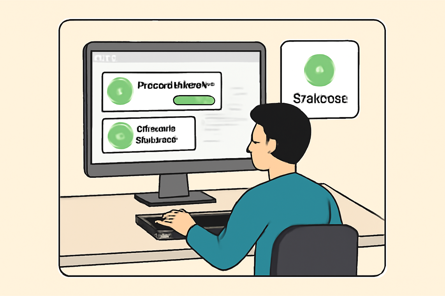 A developer testing a web app, with payment confirmation pop-ups and a 'Success' message.