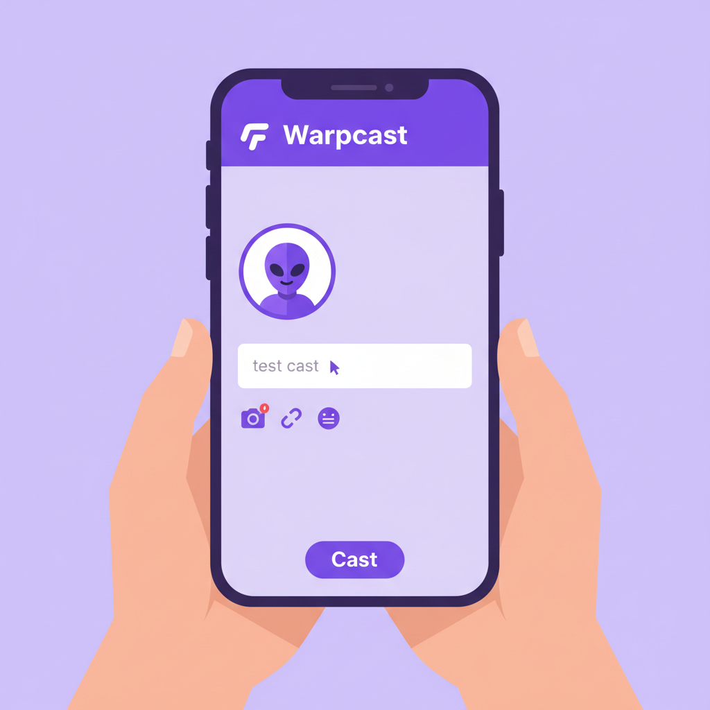 Warpcast app interface, user typing test cast on phone, vibrant purple Farcaster theme