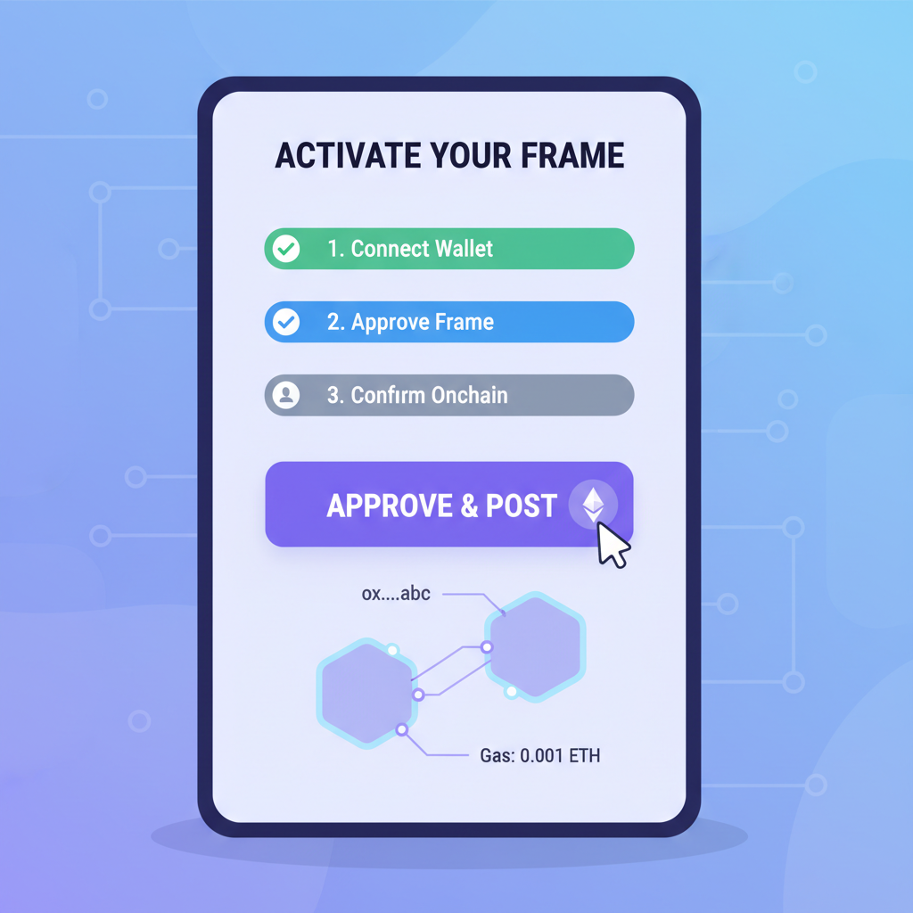 Farcaster Frames activation screen with interactive button example, dynamic onchain elements