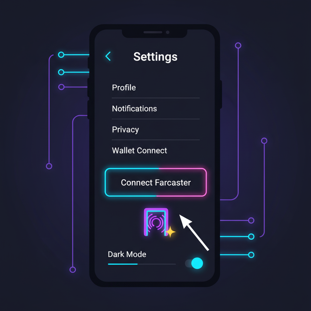 Smartphone screen with BaseApp settings menu open, Farcaster connect button highlighted, neon crypto vibes