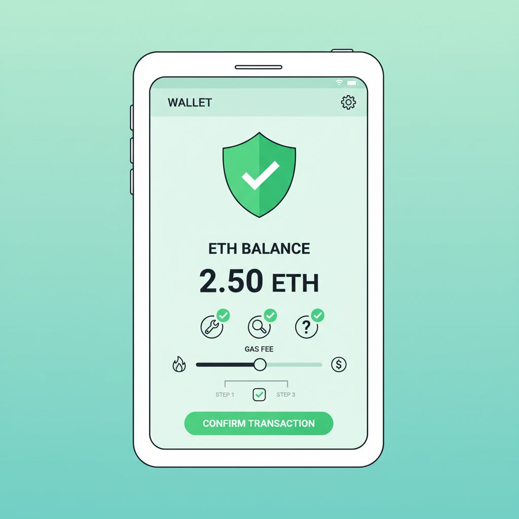 Wallet screen showing ETH balance and gas fee slider, troubleshooting icons, green checkmarks