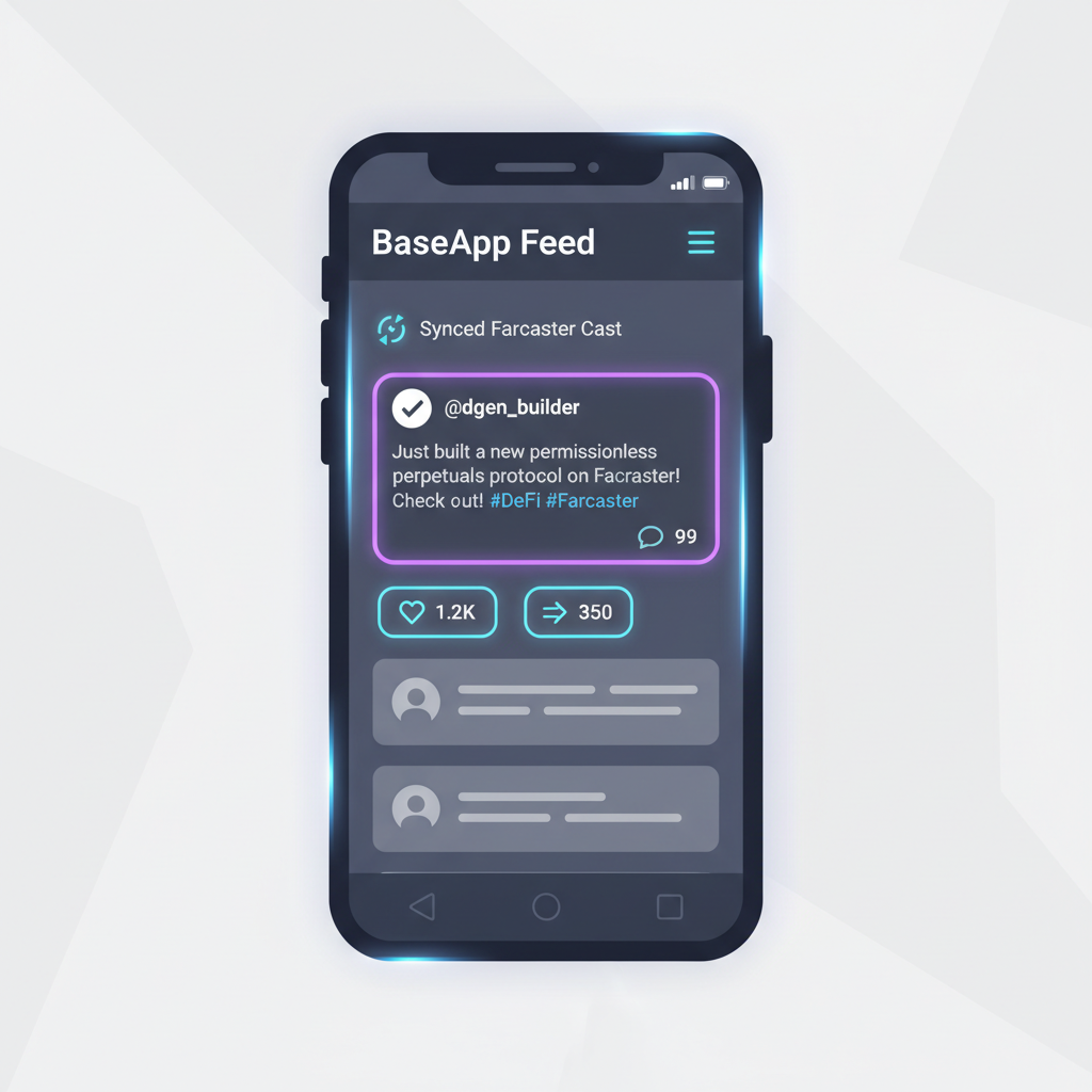 BaseApp feed showing synced Farcaster cast, social timeline on mobile, futuristic UI glow
