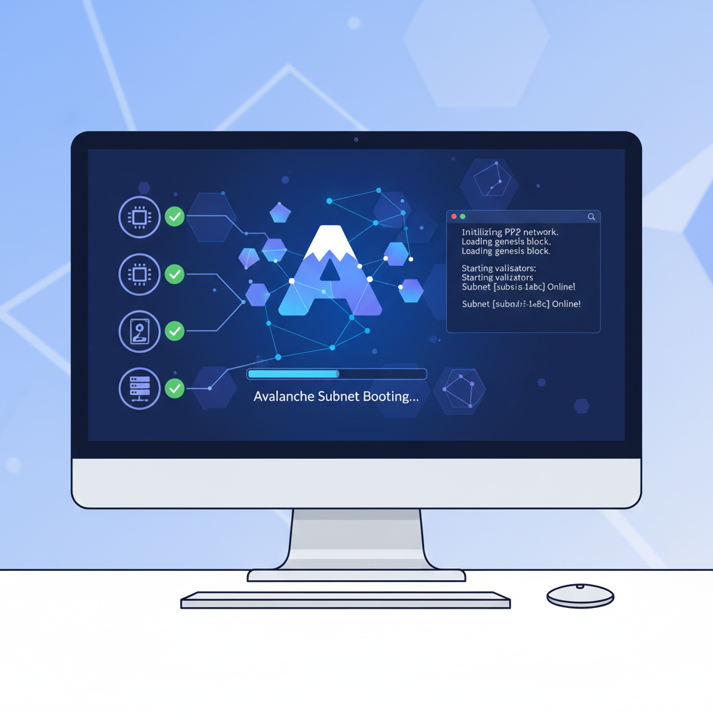 local blockchain node booting up on computer screen, Avalanche subnet visualization starting