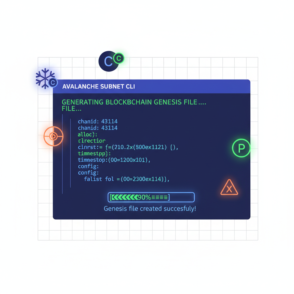 command line terminal generating blockchain genesis file, glowing code and Avalanche subnet icons