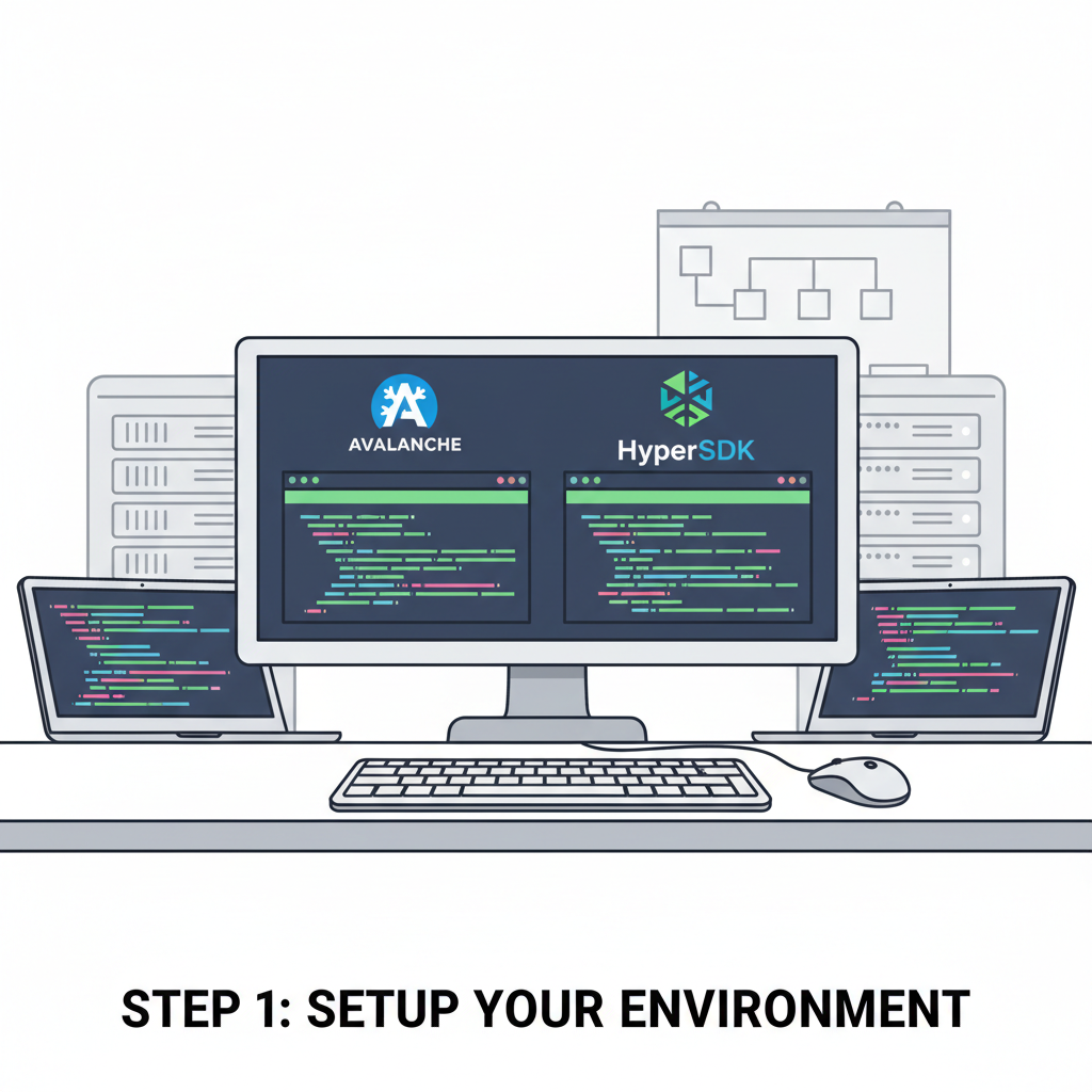 developer workstation setup with code terminals, Avalanche and HyperSDK logos, professional tech environment