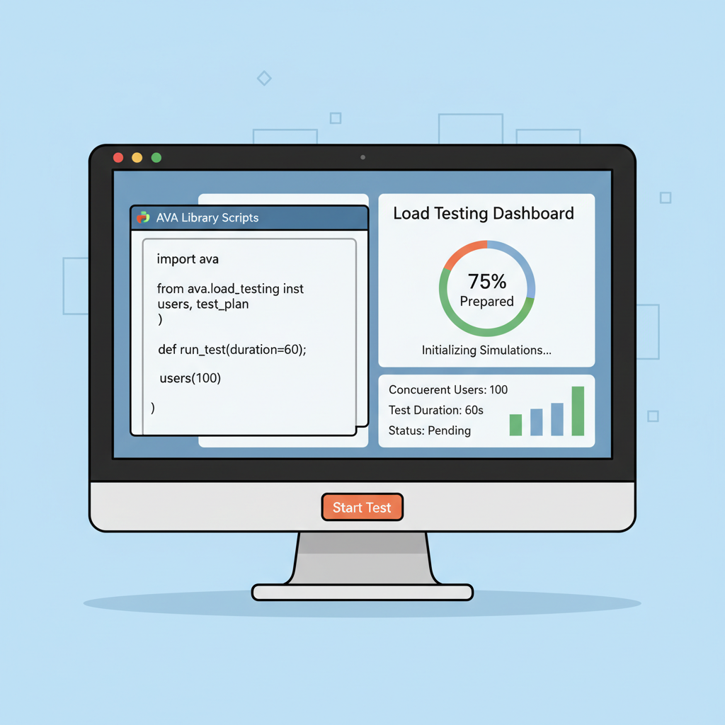 Python code editor with AVA Library scripts, load testing dashboard preparing