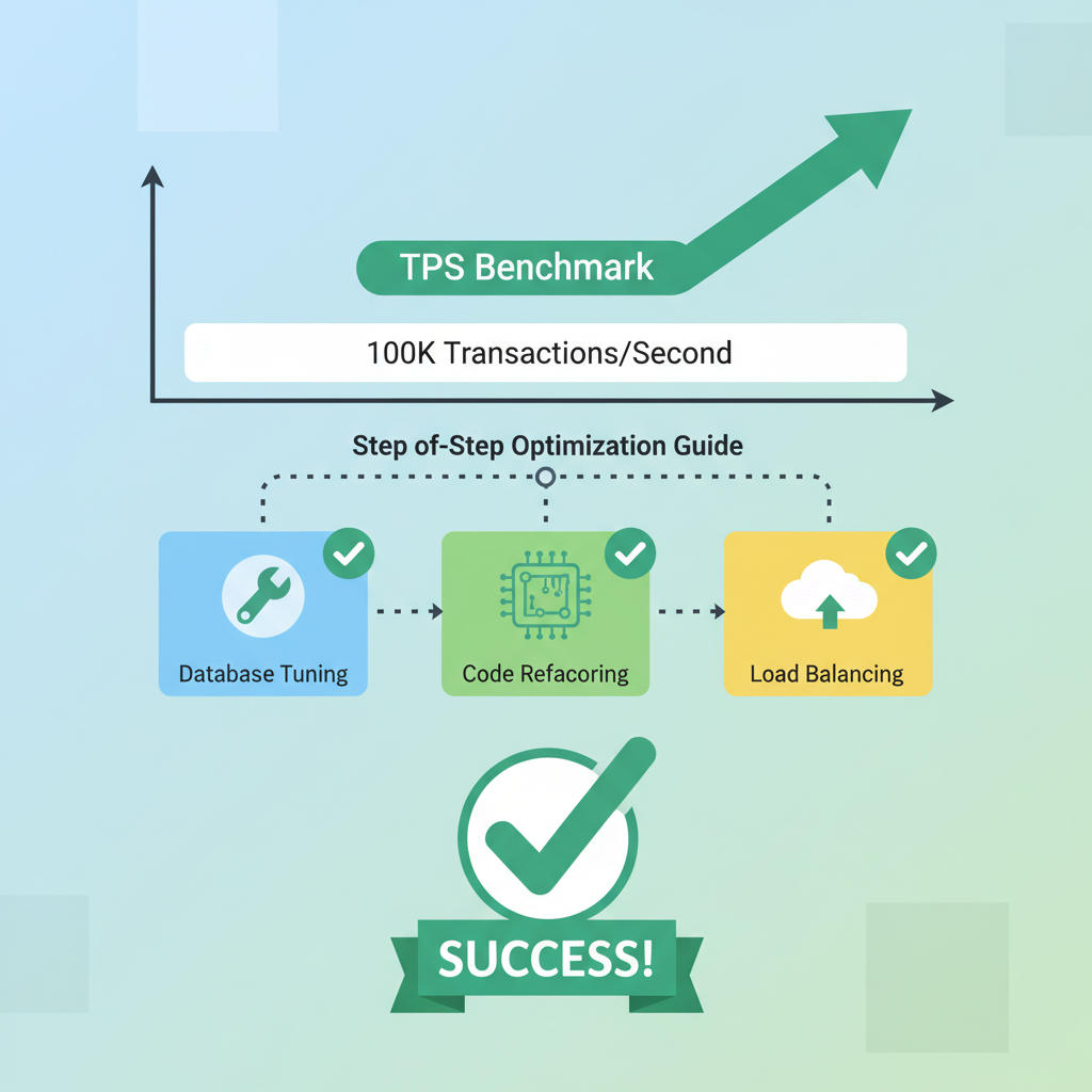 successful TPS benchmark chart hitting 100K, optimization tools and green checkmarks