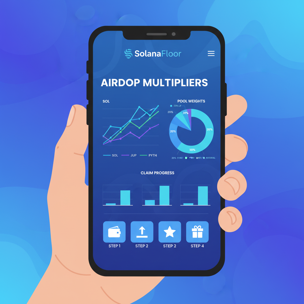 SolanaFloor dashboard on Seeker phone screen showing airdrop multipliers chart, blue Solana theme, data graphs