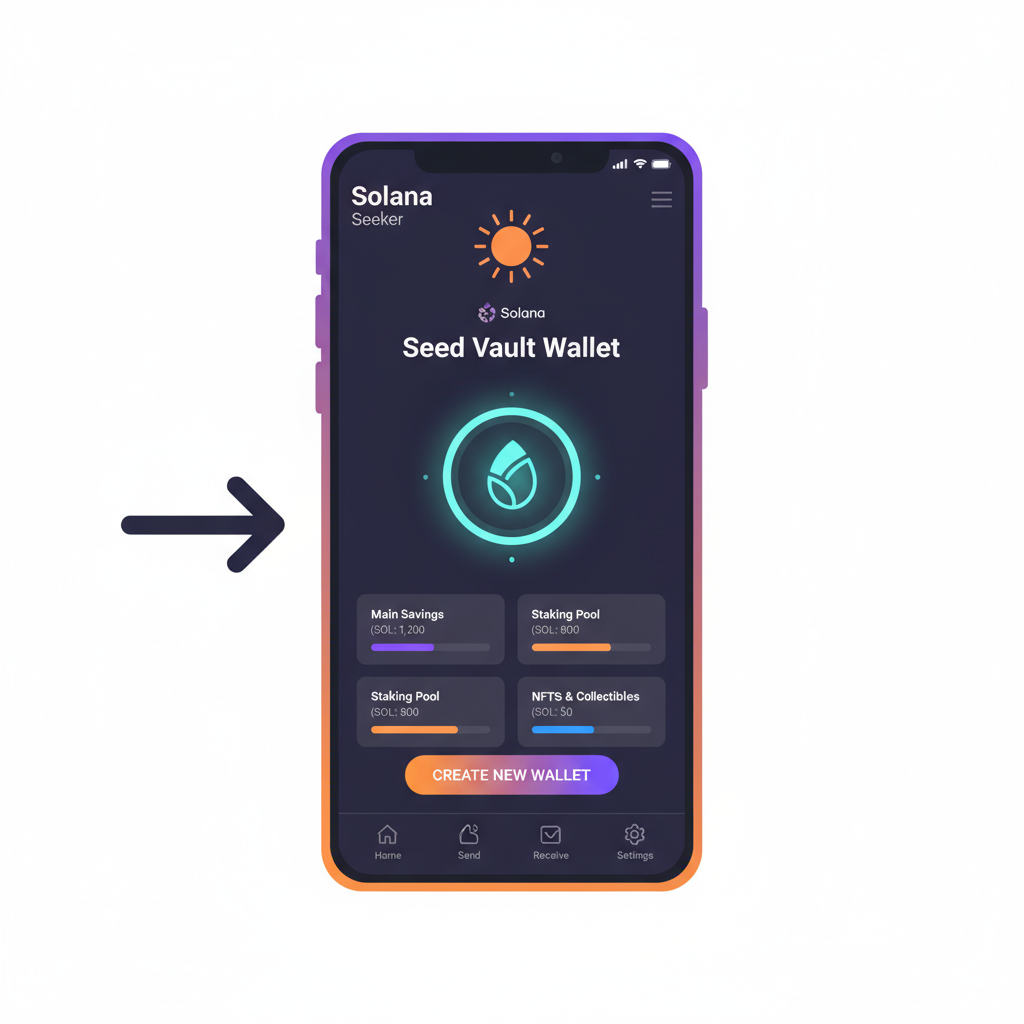 Solana Seeker phone displaying Seed Vault Wallet app open, modern crypto interface, glowing wallet icon