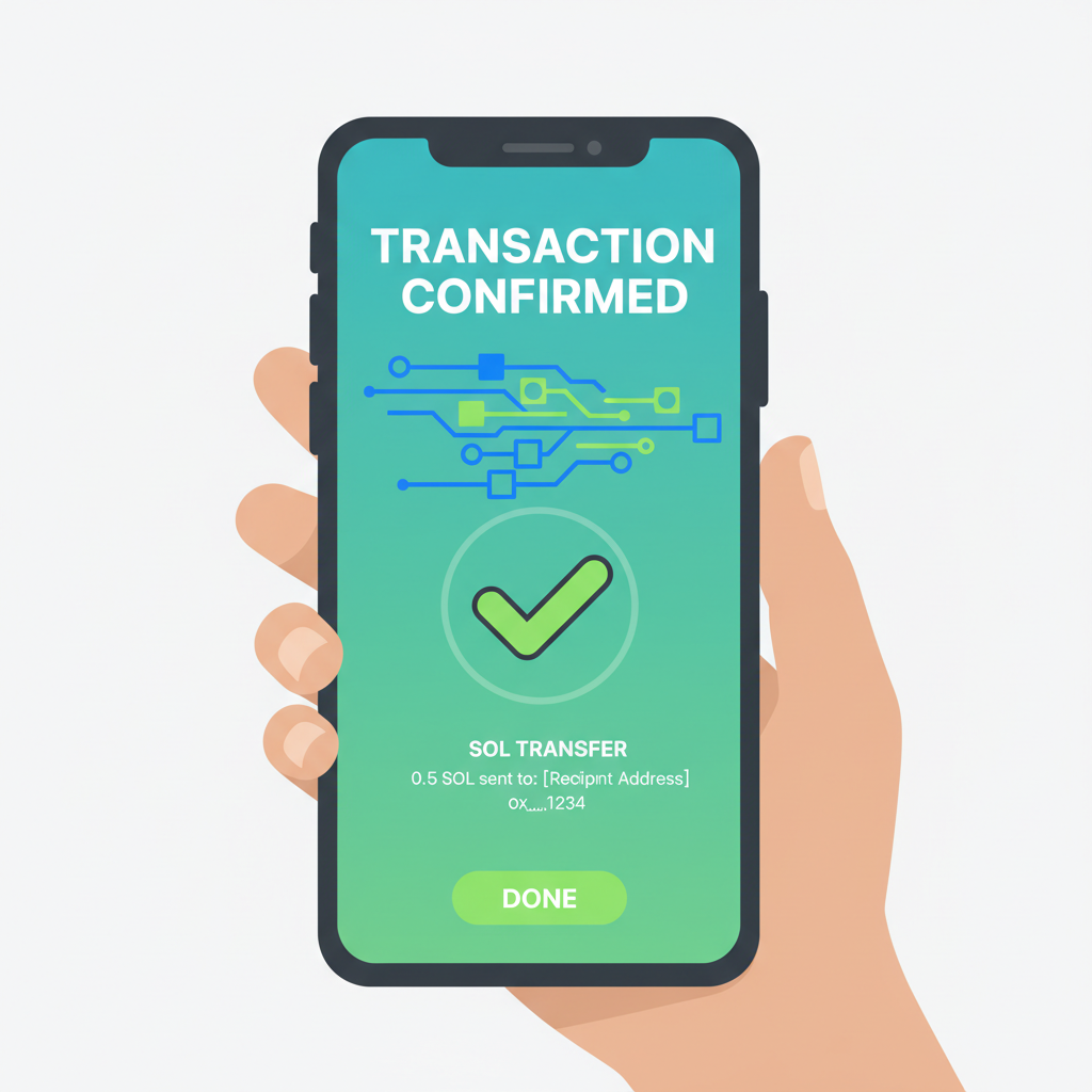 Seeker phone screen with SOL transfer transaction confirmation, fast blockchain animation, green success check